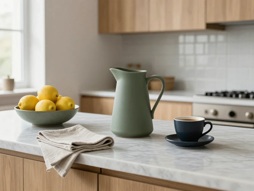 Cocina moderna con encimera de mármol, accesorios verde oliva y un ambiente luminoso y sofisticado.