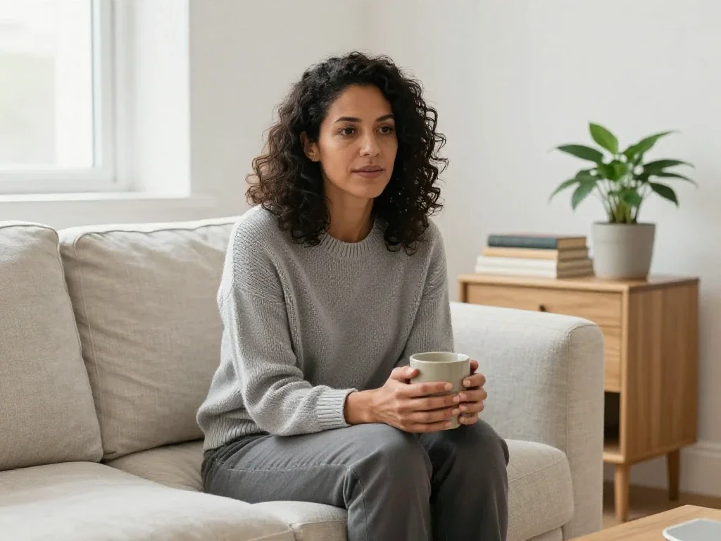 Mujer en consulta de bienestar sobre sofá claro, reflejando atención y salud integral.