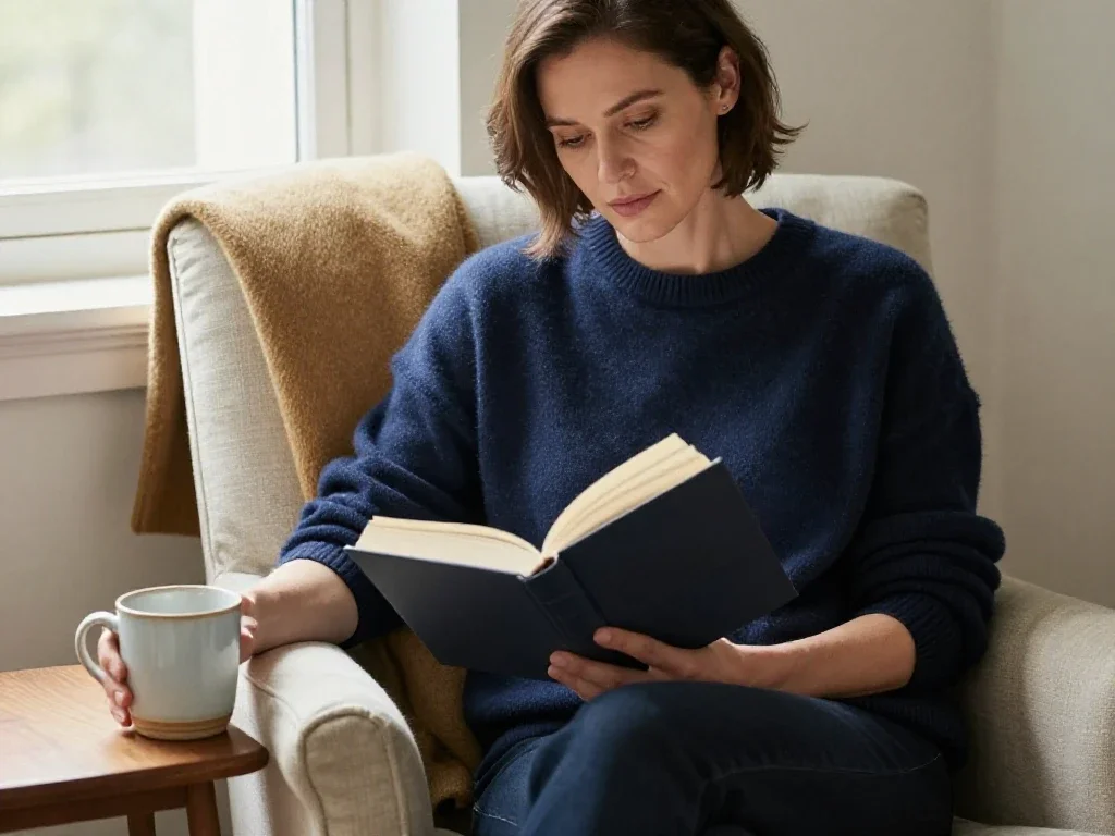 Mujer serena leyendo un libro bajo luz natural, representando bienestar y estilo personal pausado.